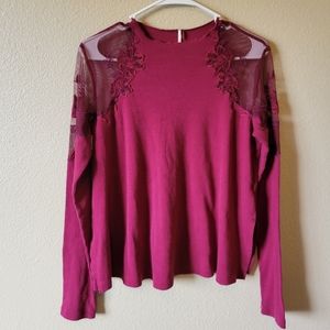 Free People Daniella Illusion burgundy sheer mesh shoulder long sleeve top, XS